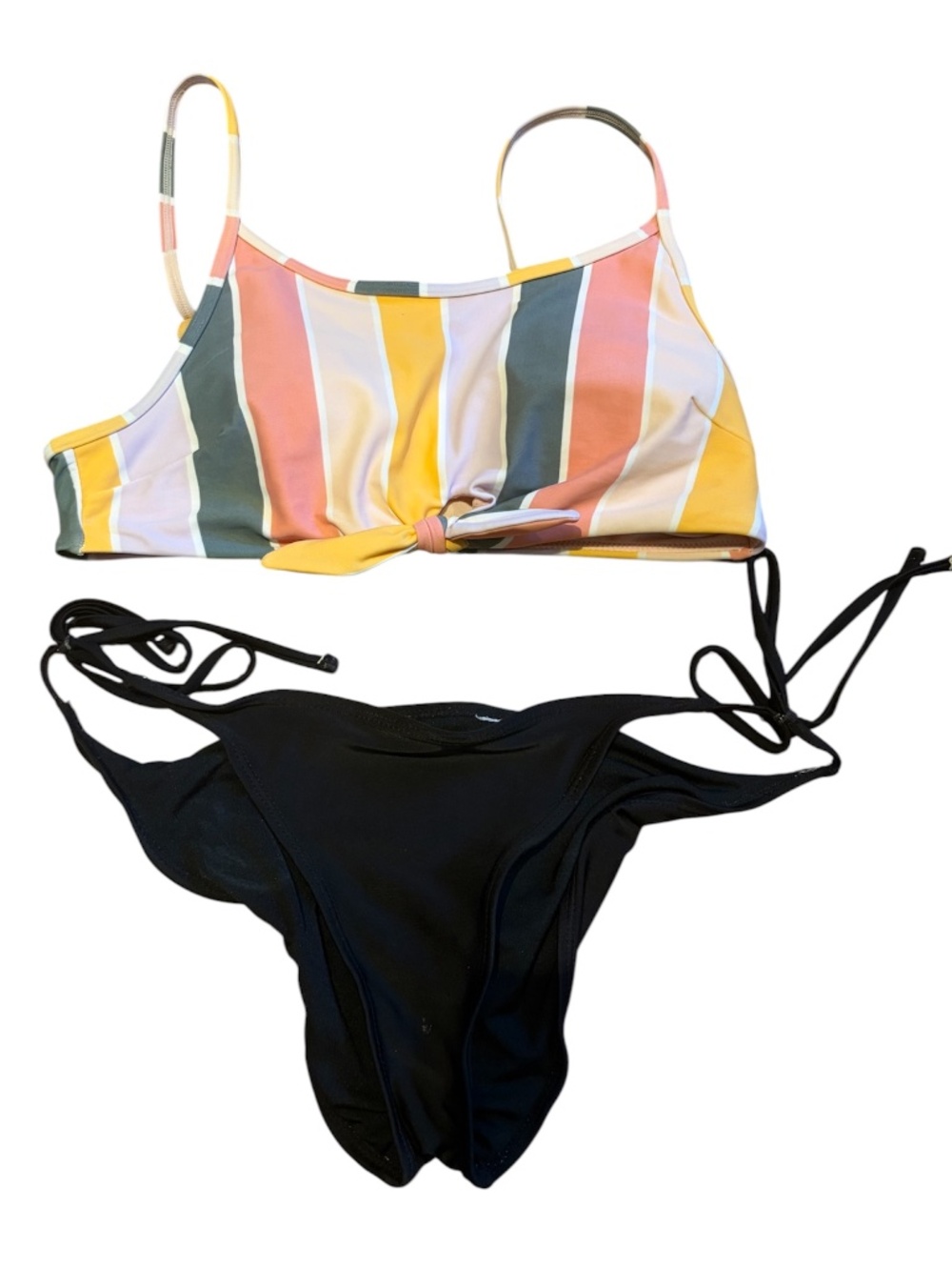 Hollister Bikini with Striped Multicolor Top and Black Bottoms | Size Small